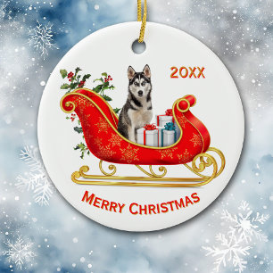 Adorno De Cerámica Navidades Sleigh Siberian Husky Dog