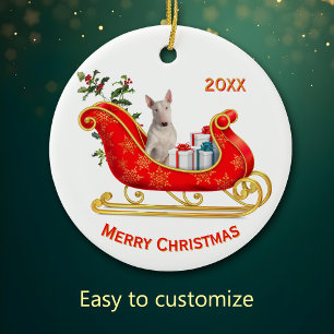 Adorno De Cerámica Navidades Sleigh White Bull Terrier Dog