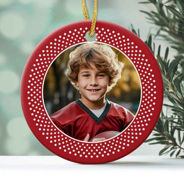 Adorno De Cerámica Navidades Snowflake: Foto de doble cara (Photo ornament in a polka dot frame with a modern holiday design on the back)