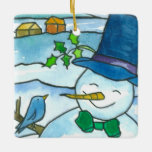 Adorno De Cerámica Navidades Snowman Bluebird Snowflakes<br><div class="desc">Un adorable adorno para las vacaciones con un animado muñeco de nieve con un pájaro movedizo en un paisaje nevado dibujado en tinta con acuarela y un lavado de acuarela con copas de nieve al revés. ¡Ideal para los regalos y la decoración de las vacaciones!</div>