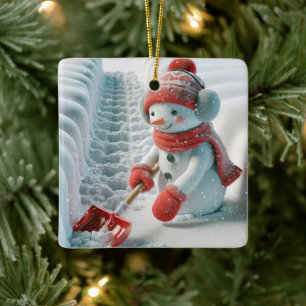 Adorno De Cerámica Navidades Snowman con pala roja