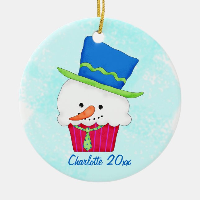 Adorno De Cerámica Navidades Snowman Cupcake Nombre personalizado (Frente)