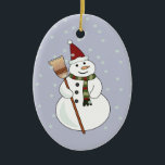 Adorno De Cerámica Navidades Snowman Ornament<br><div class="desc">Feliz hombre de nieve usando un sombrero de santa con nieve flotando a su alrededor.</div>