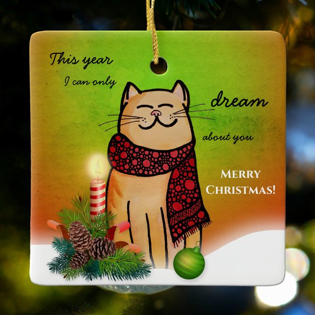 Adorno De Cerámica Navidades solitarios sin ti dulce gato (Christmas ornament featuring an illustration of a dreamy cat in a Christmas setting)