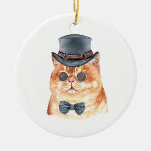 Adorno De Cerámica Navidades Steampunk de Watercolor Cat Naranja