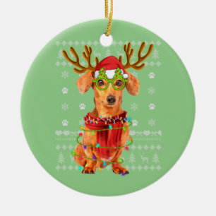 Adorno De Cerámica Navidades suéteres feos iluminan dachshund