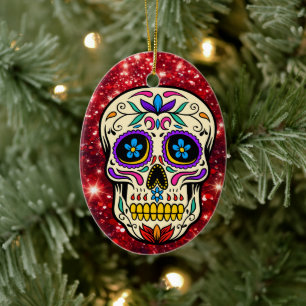 Adorno De Cerámica Navidades Sugar Skull Purpurina Rojo