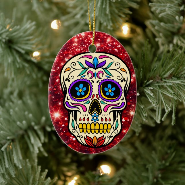 Adorno De Cerámica Navidades Sugar Skull Purpurina Rojo (Árbol)