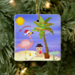Adorno De Cerámica Navidades Summer Flamingo Beach Nombre personaliza<br><div class="desc">Navidades Summer Flamingo Beach Personalized Name Ornament (Verano Flamingo Playa de nombre personalizado) cuenta con una bonita escena de playa de Navidades de verano con un flamenco tropical festivo usando un sombrero de Santa, luces de Navidades en una palmera y snowman arenoso en la playa. Personalizado con su nombre editando...</div>