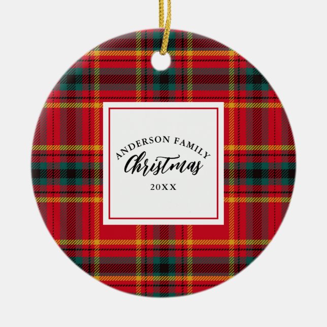 Adorno De Cerámica Navidades Tartan Plaid Family Name Year (Frente)