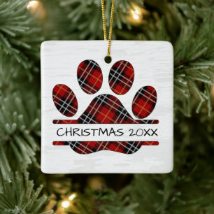 Adorno De Cerámica Navidades Tartan Plaid Paw Print