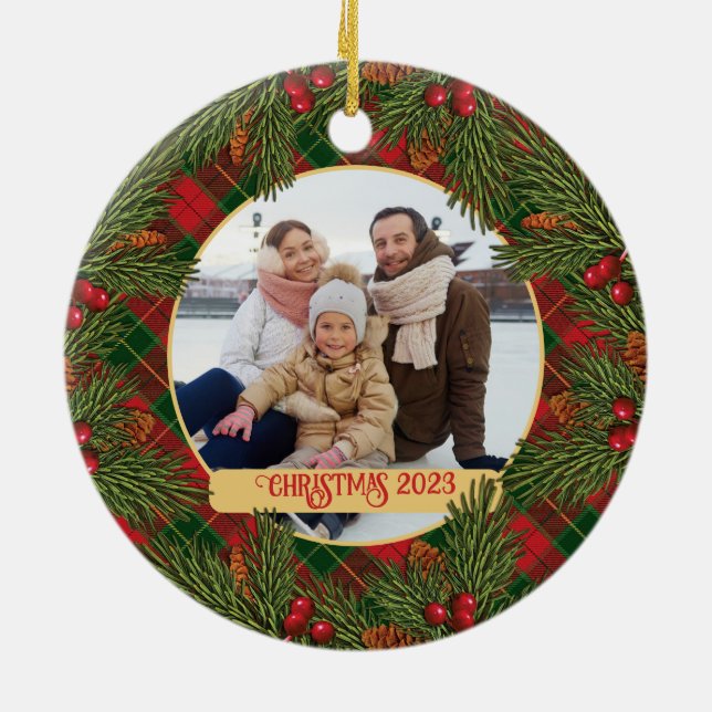 Adorno De Cerámica Navidades Tartán Tartán tradicional Wreath Photo (Atrás)