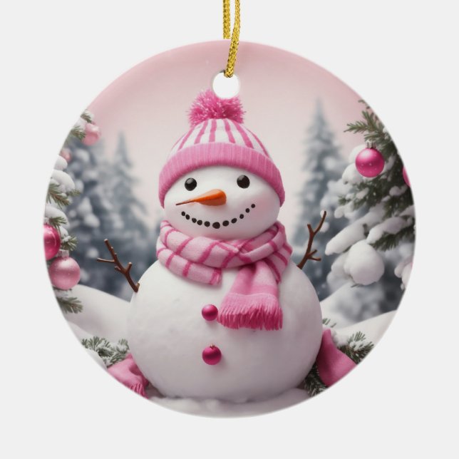 Adorno De Cerámica Navidades temáticos rosados personalizados Snowman (Frente)