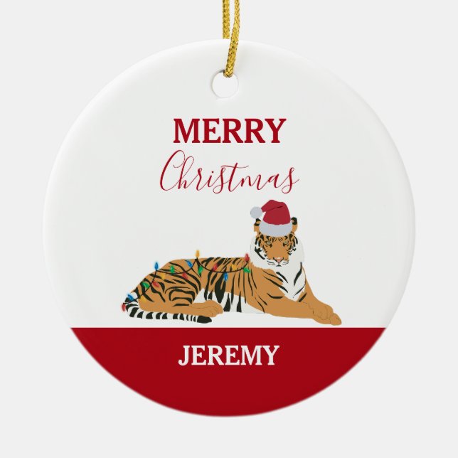 Adorno De Cerámica Navidades Tiger Funny Animal con tarjeta Santa Hat (Frente)