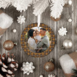 Adorno De Cerámica Navidades tradicionales tartán de Mustard<br><div class="desc">Navidades mostaza y manitas de tartán negro revisan elegante decoración navideña elegante. Texto del guión de efecto dorado. Diseño tradicional moderno.</div>