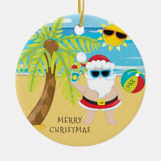 Adorno De Cerámica Navidades tropicales de cóctel de Santa Hawái (Frente)