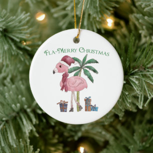 Adorno De Cerámica Navidades tropicales rosados Flamingo
