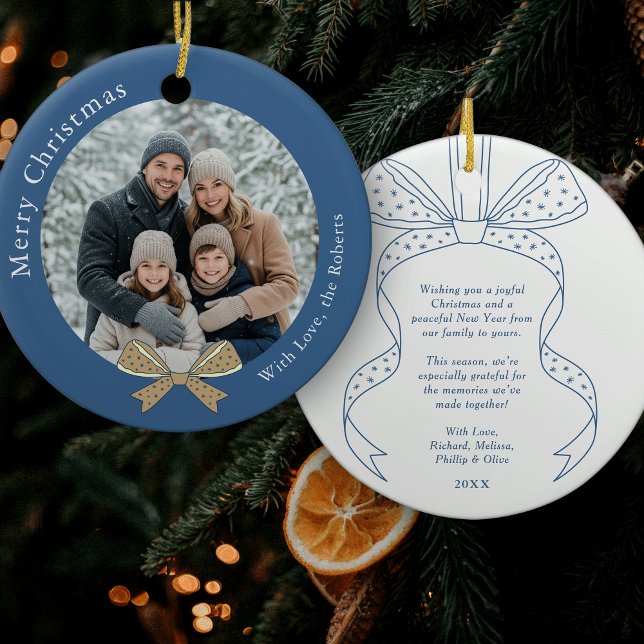 Adorno De Cerámica Navidades únicos Bow Ball Ball Blue Photo (Elegant whimsical bows blue and cream photo Christmas ornament)
