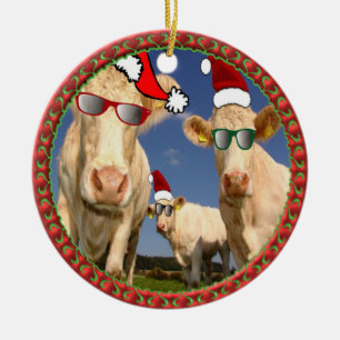 Adorno De Cerámica Navidades vacas con lentes y sombreros de Santa Cl