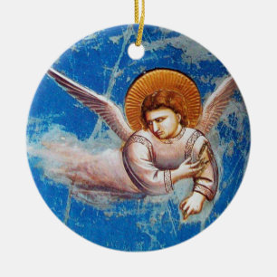 ADORNO DE CERÁMICA NAVIDADES VOLANDO ANGEL EN CIELO AZUL, CORONA FLOR