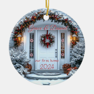 Adorno De Cerámica Navidades White Door Wreath "nuestro primer hogar"