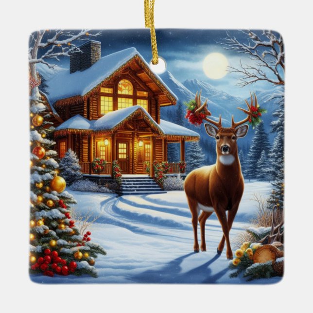 Adorno De Cerámica Navidades/Winter Deer Lodge (Anverso)