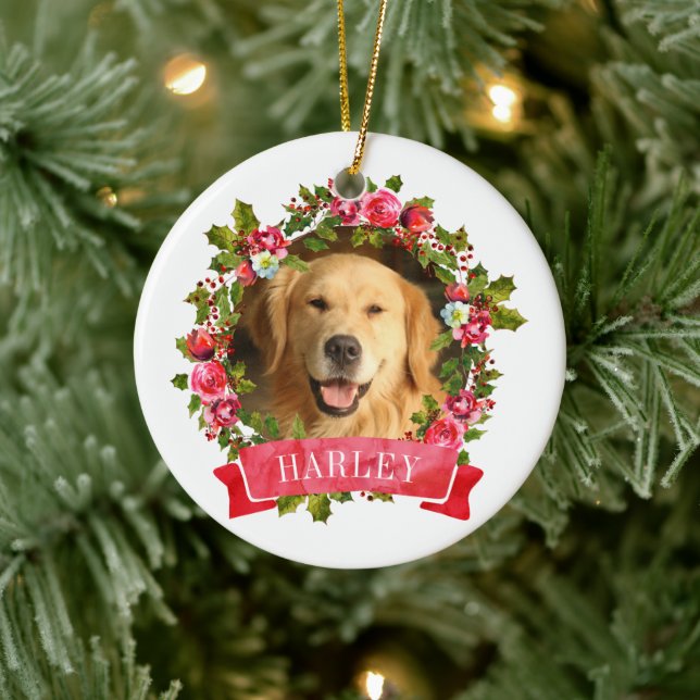 Adorno De Cerámica Navidades Wreath Dog Photo (Árbol)
