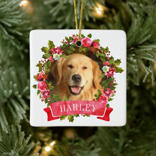 Adorno De Cerámica Navidades Wreath Dog Photo (Árbol)