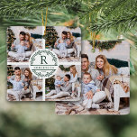 Adorno De Cerámica Navidades Wreath Monograma 5 Foto<br><div class="desc">Este elegante y moderno ornamento personalizado para mantener la Navidad cuenta con 4 fotos en la parte delantera y una en la parte trasera. En el centro de la parte delantera hay una corona dividida con monograma inicial,  apellido y año.</div>