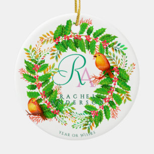 Adorno De Cerámica Navidades Wreath Monograma Foto Blanco