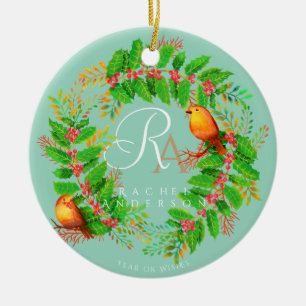 Adorno De Cerámica Navidades Wreath Monograma Luz fotográfica Verde a