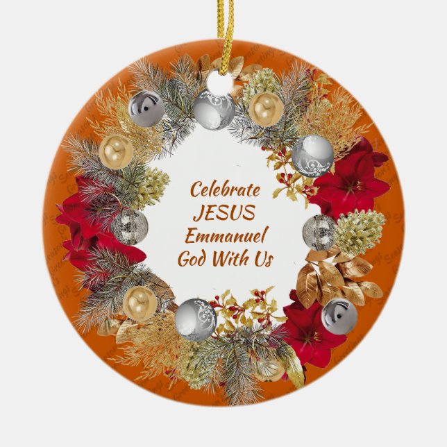 Adorno De Cerámica Navidades Wreath Personalizado Naranja CELEBRATE J (Frente)