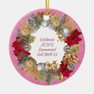 Adorno De Cerámica Navidades Wreath Personalizado Pink CELEBRATE JESU