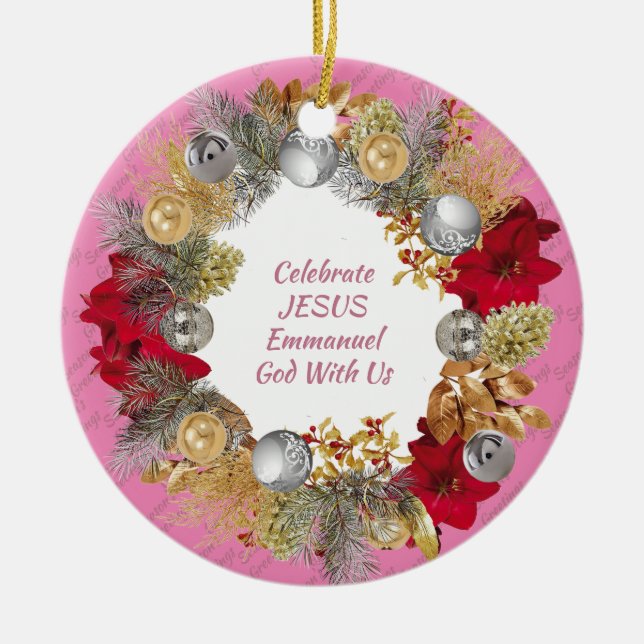 Adorno De Cerámica Navidades Wreath Personalizado Pink CELEBRATE JESU (Frente)