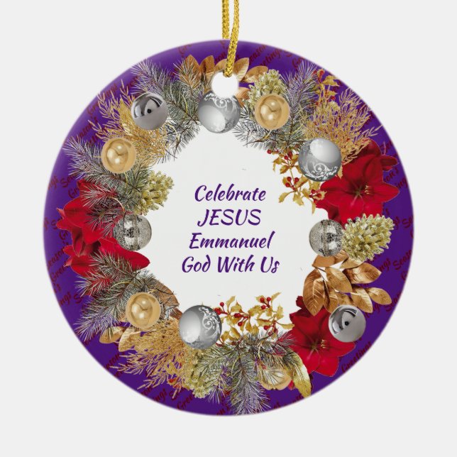 Adorno De Cerámica Navidades Wreath Personalizado Purple CELEBRATE JE (Frente)
