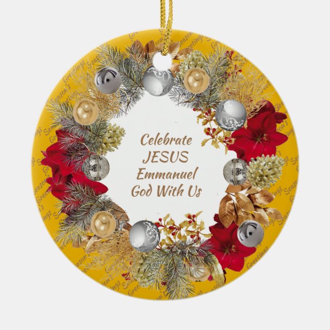 Adorno De Cerámica Navidades Wreath Personalizado Yellow CELEBRATE JE (Frente)