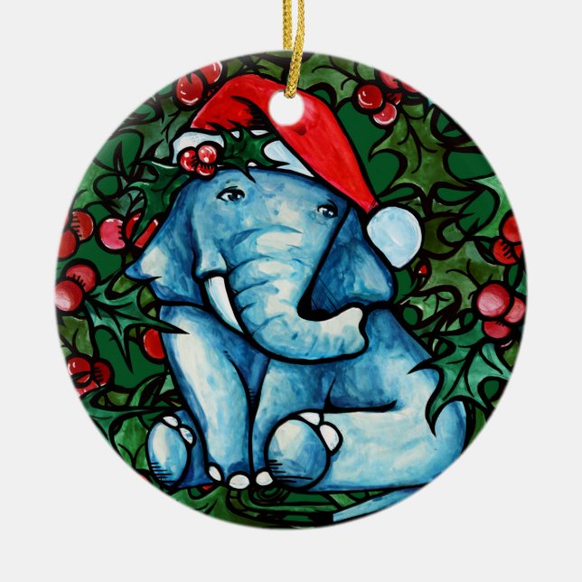 Adorno De Cerámica Navidades Yule Elephant con Holly (Frente)