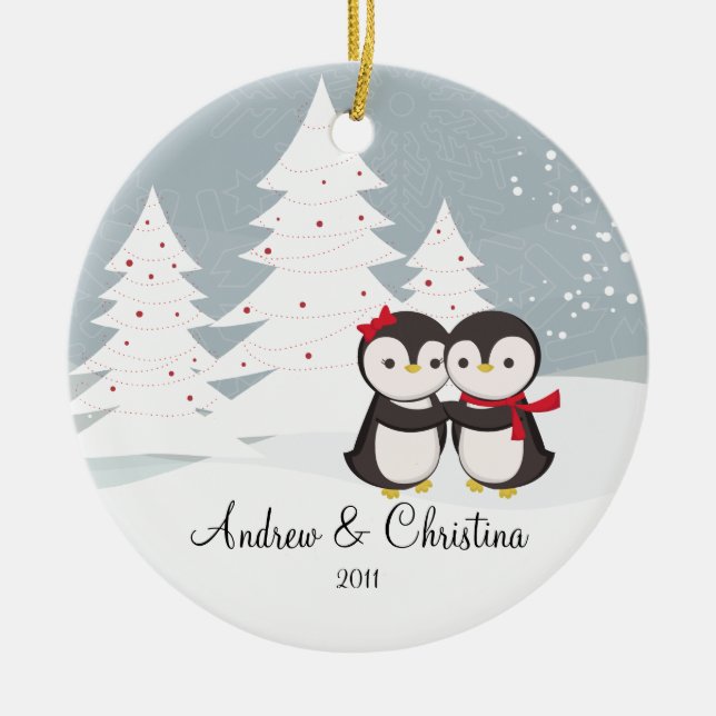 Adorno De Cerámica navideño de una pareja de pingüinos enamorados (Frente)