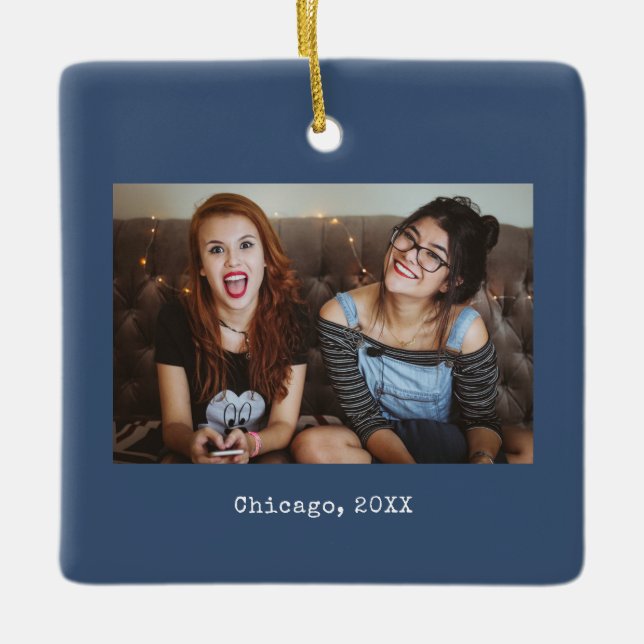 Adorno De Cerámica Navy Blue Photo Keepsake Christmas (Anverso)