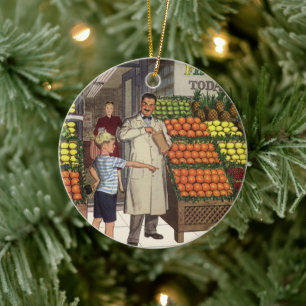 Adorno De Cerámica Negocio vintage, base de fruta con Grocer y Boy