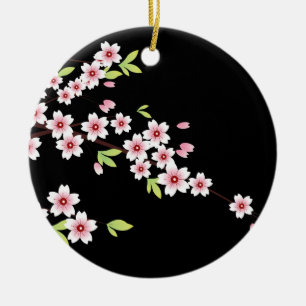 Adorno De Cerámica Negro con Sakura color rosa y verde flor de cerezo