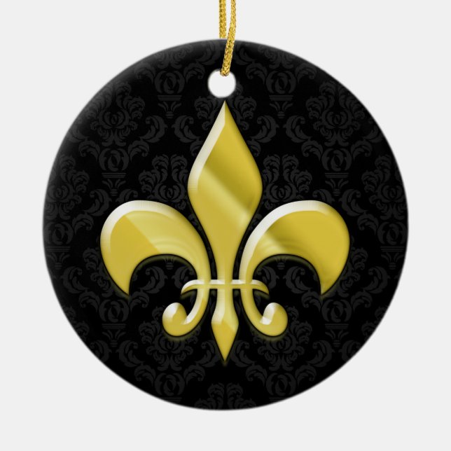 Adorno De Cerámica Negro/Oro Damask Fleur de Lis (Frente)