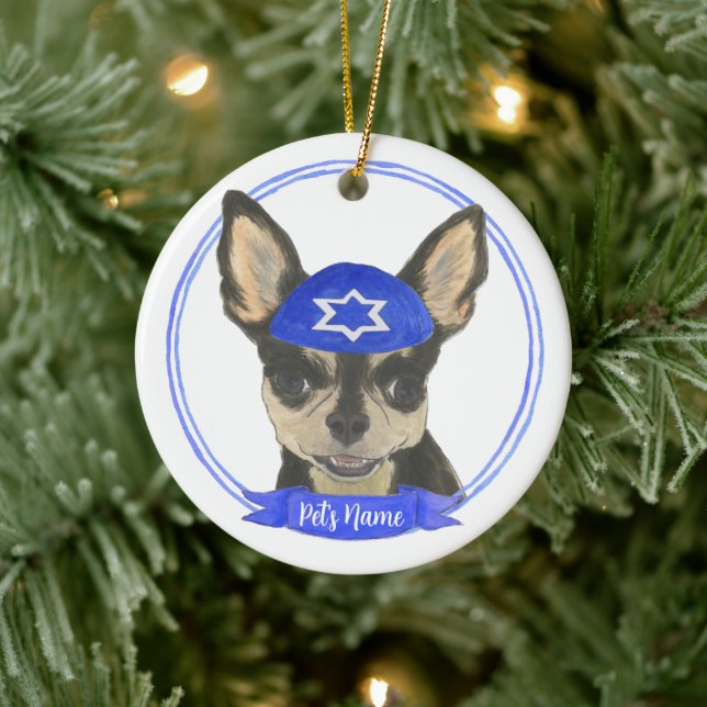 Adorno De Cerámica Negro y Tan Chihuahua Yarmulke personalizados (Árbol)