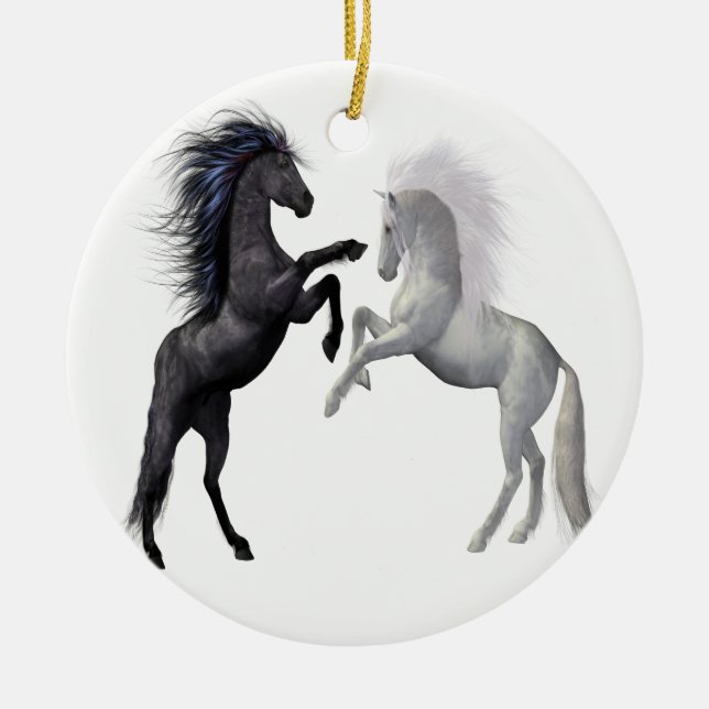 Adorno De Cerámica Negro y un caballo blanco que pelean (Frente)