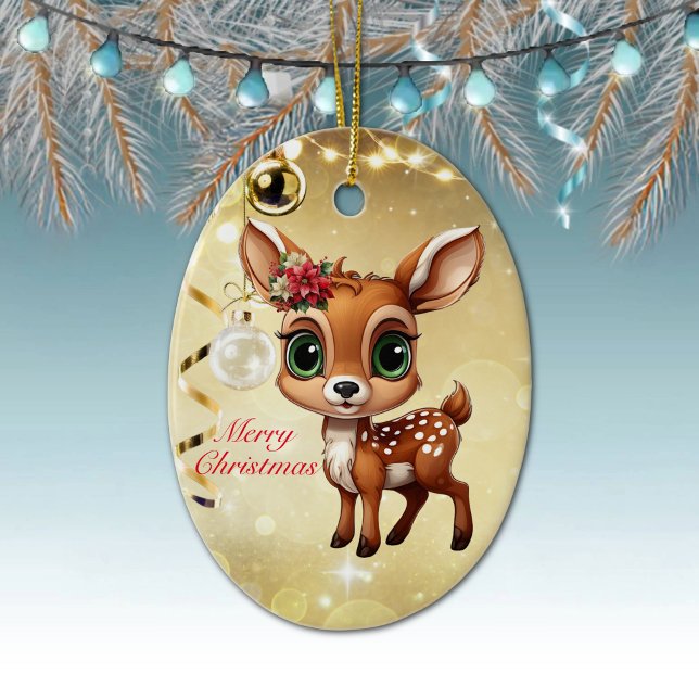 Adorno De Cerámica Nena, Amanecer, 🦌 Oro Feliz Navidad (Fun deer Character Woodland Wildlife Fawn, Floral Doe Christmas Festive Gold Oval Xmas Ornament 🦌🎄)