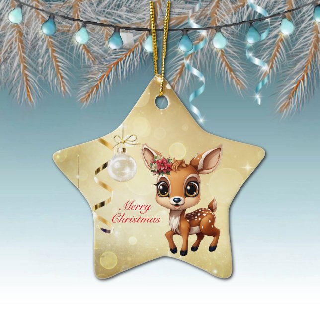 Adorno De Cerámica Nena, Amanecer, 🦌 Oro Feliz Navidad (Wildlife Deer Decor Xmas Fawn, Fun Holiday Doe Cute Animal Merry Christmas 
Gold Star Ornament 🦌🎄)