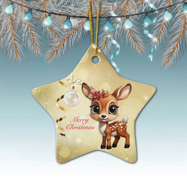 Adorno De Cerámica Nena, Amanecer, 🦌 Oro Feliz Navidad (Wildlife Deer Decor Xmas Fawn, Fun Holiday Doe Cute Animal Merry Christmas 
Gold Star Ornament 🦌🎄)