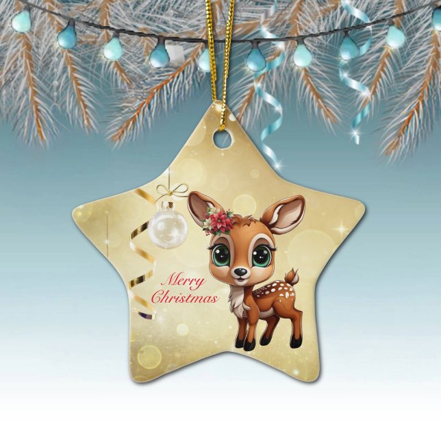 Adorno De Cerámica Nena, Amanecer, 🦌 Oro Feliz Navidad (Customizable Reindeer Decor Xmas Fawn Holiday Doe Animal Merry Christmas 
Gold Star Ornament 🦌🎄)