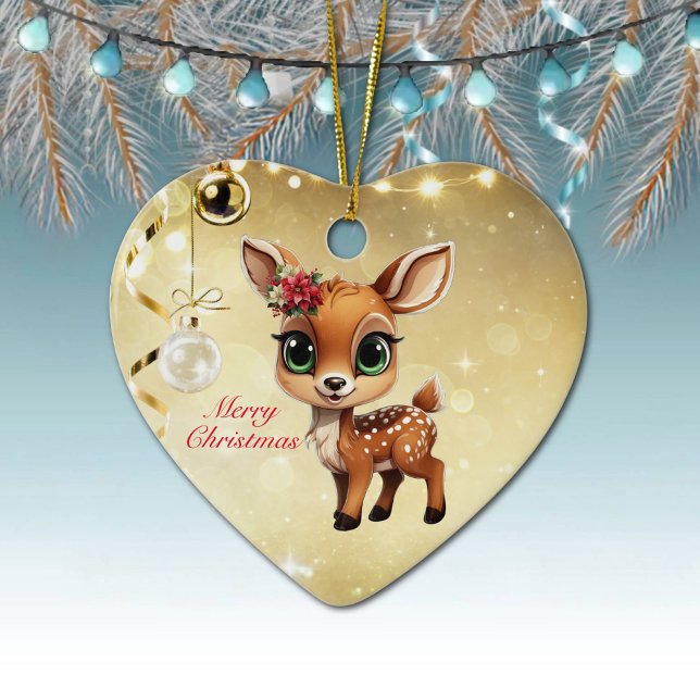 Adorno De Cerámica Nena, Amanecer, 🦌 Oro Feliz Navidad (Baby Deer, Floral Fawn, Cute Doe Poinsettia Flower Merry Christmas Gold Heart Ceramic Ornament 🦌🎄)