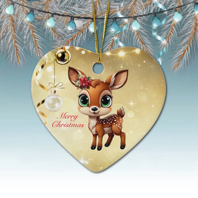 Adorno De Cerámica Nena, Amanecer, 🦌 Oro Feliz Navidad (Baby Deer, Floral Fawn, Cute Doe Poinsettia Flower Merry Christmas Gold Heart Ceramic Ornament 🦌🎄)
